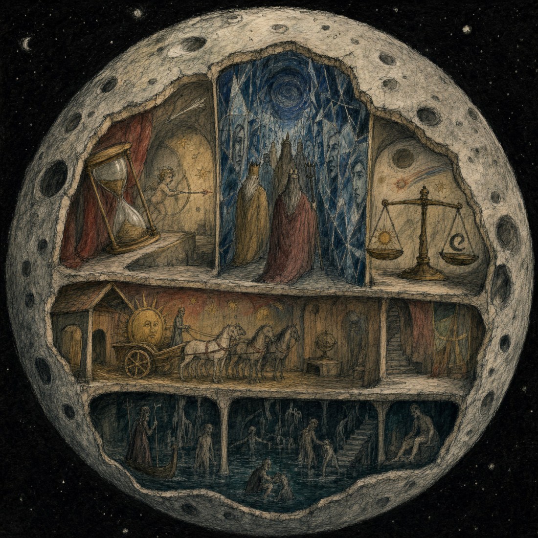 Cutaway of the Moon revealing chambers with an hourglass, robed figures, scales, a sun chariot and figures in water