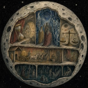 Cutaway of the Moon revealing chambers with an hourglass, robed figures, scales, a sun chariot and figures in water