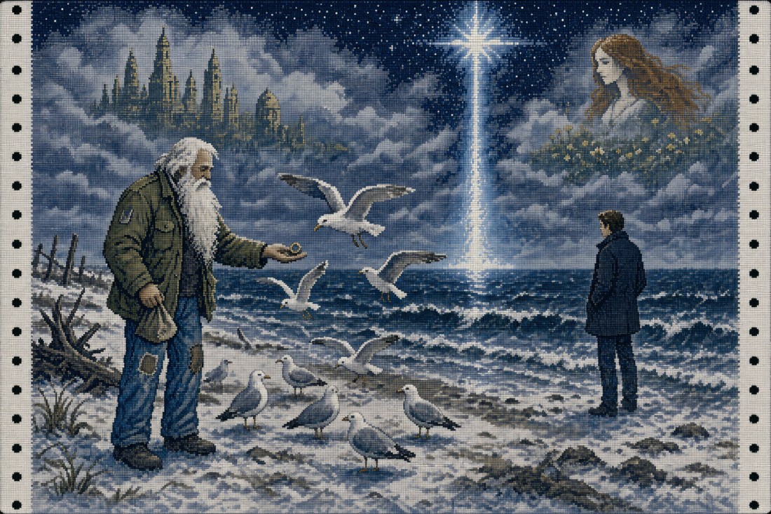 Cross-stitch style art of a bearded man feeding gulls on a snowy shore as a man watches a light beam over the sea