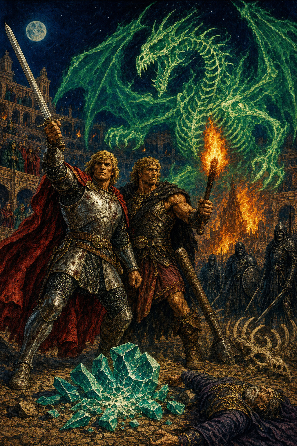 Two warriors with sword and torch stand over a fallen foe and green crystals as a ghostly green dragon rises behind