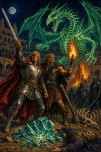 Two warriors with sword and torch stand over a fallen foe and green crystals as a ghostly green dragon rises behind