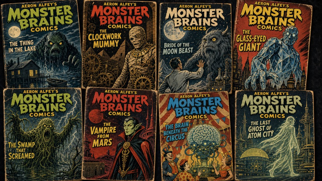 Eight retro covers of "Aeron Alfey's Monster Brains Comics," including The Clockwork Mummy and The Vampire from Mars