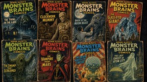Eight retro covers of "Aeron Alfey's Monster Brains Comics," including The Clockwork Mummy and The Vampire from Mars