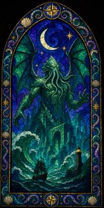 Stained-glass window of Cthulhu rising from waves under a crescent moon, with a sailing ship and lighthouse