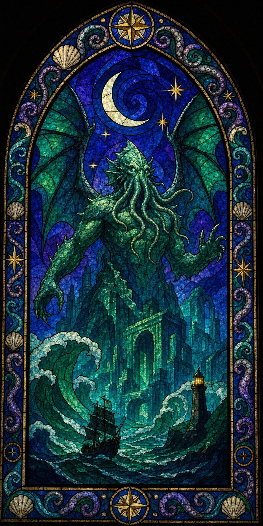 Stained-glass window of Cthulhu rising from waves under a crescent moon, with a sailing ship and lighthouse