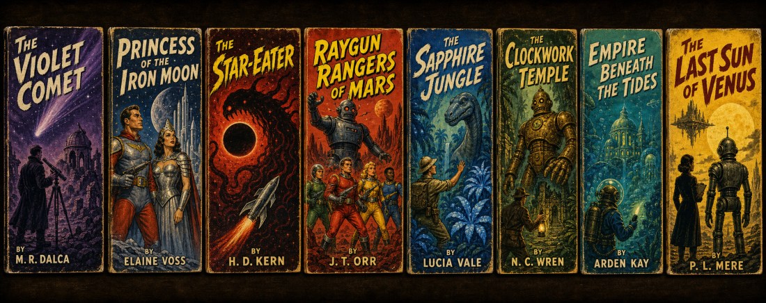 Eight pulp book spines incl. The Violet Comet, Princess of the Iron Moon and Raygun Rangers of Mars