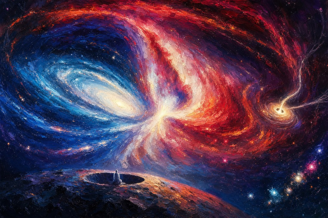 Painting of a swirling red and blue galaxy collision and a black hole above a tiny figure on a cratered surface