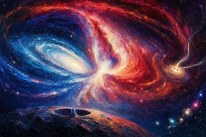 Painting of a swirling red and blue galaxy collision and a black hole above a tiny figure on a cratered surface