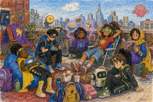 Colored-pencil drawing of costumed kid superheroes relaxing on a city rooftop with snacks, backpacks and a small robot