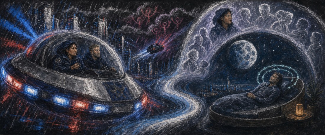 Scratchboard art of two people in a speeding flying car and a man asleep in a pod, ghostly faces and moon above