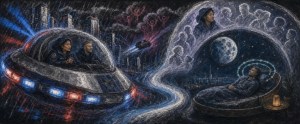 Scratchboard art of two people in a speeding flying car and a man asleep in a pod, ghostly faces and moon above