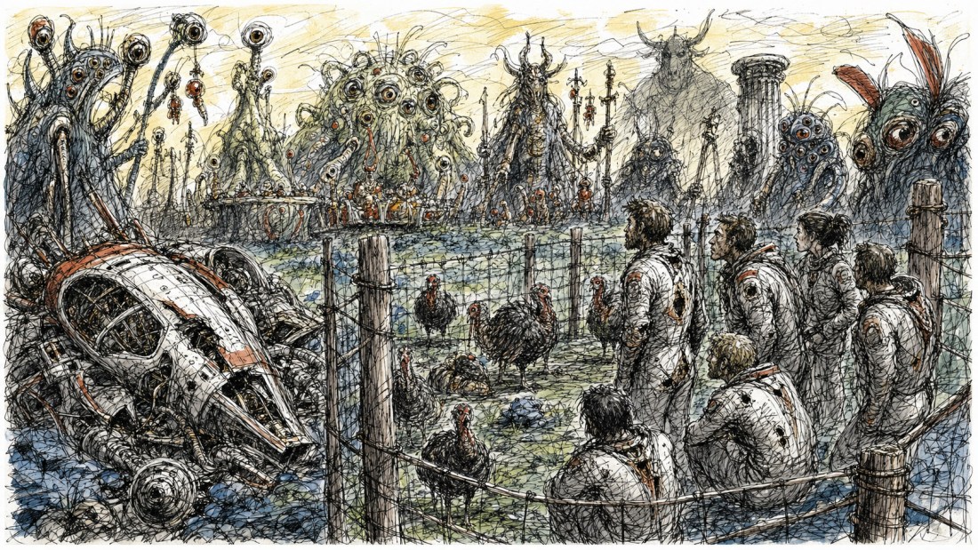 Ink drawing of space travellers at a fence watching turkeys, a crashed ship and many-eyed alien creatures behind