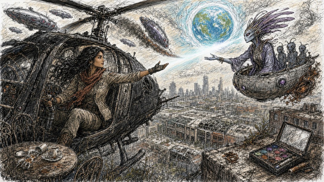 Ink drawing of a woman reaching from a helicopter toward a spiny alien in a floating pod above a ruined city, Earth in sky