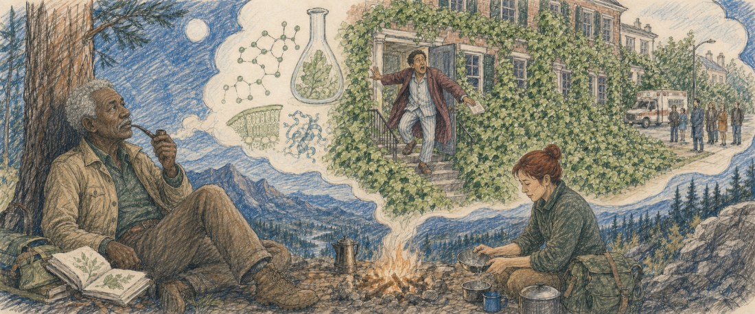 Sketch of an old man with a pipe and a woman at a campfire, dreaming of molecules, a lab flask and an ivy-covered house