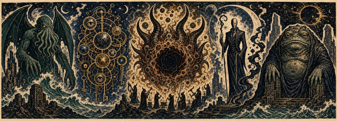 Woodcut-style panorama of Cthulhu, a cosmic eye vortex, a gaunt robed figure and a toad-like monster over a city