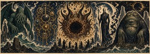Woodcut-style panorama of Cthulhu, a cosmic eye vortex, a gaunt robed figure and a toad-like monster over a city