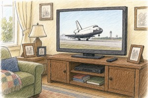 Colored-pencil drawing of a living room TV showing a space shuttle landing on a runway
