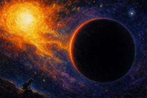 Painting of a dark planet eclipsing a blazing star, with a small telescope silhouetted on a hill