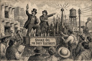Engraving of two showmen on a wagon of electrical gadgets selling "Snake Oil for Dirty Electricity" to a crowd
