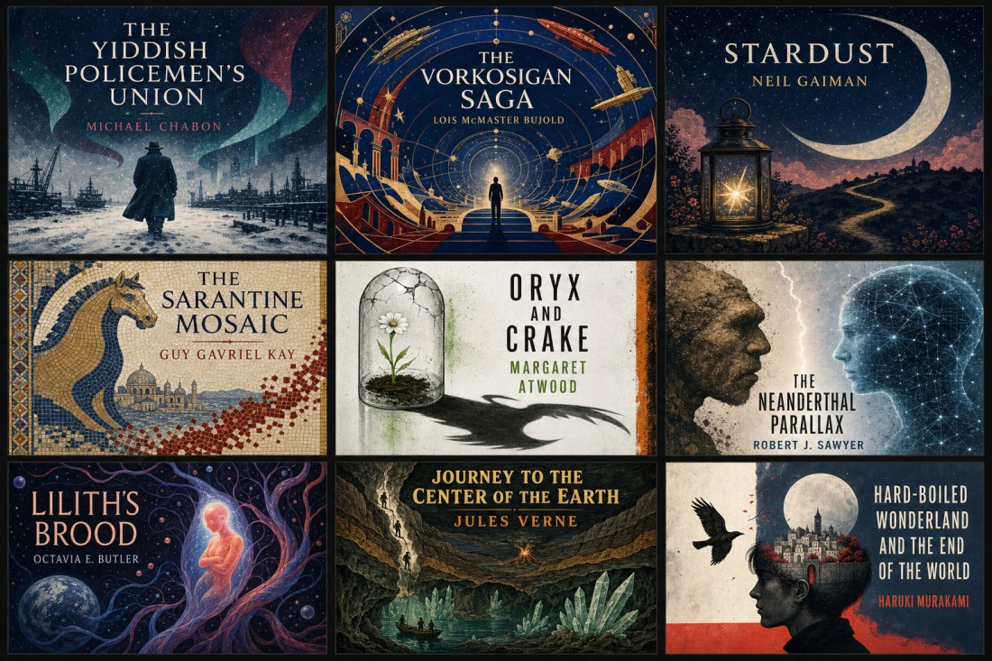 Grid of nine book covers incl. The Yiddish Policemen's Union, The Vorkosigan Saga, Stardust and Oryx and Crake