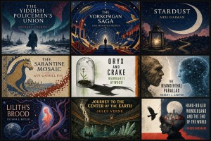 Grid of nine book covers incl. The Yiddish Policemen's Union, The Vorkosigan Saga, Stardust and Oryx and Crake