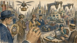 Sketch of 1920s people using smartphones, tablets and a laptop in a retro-futurist city with a delivery drone