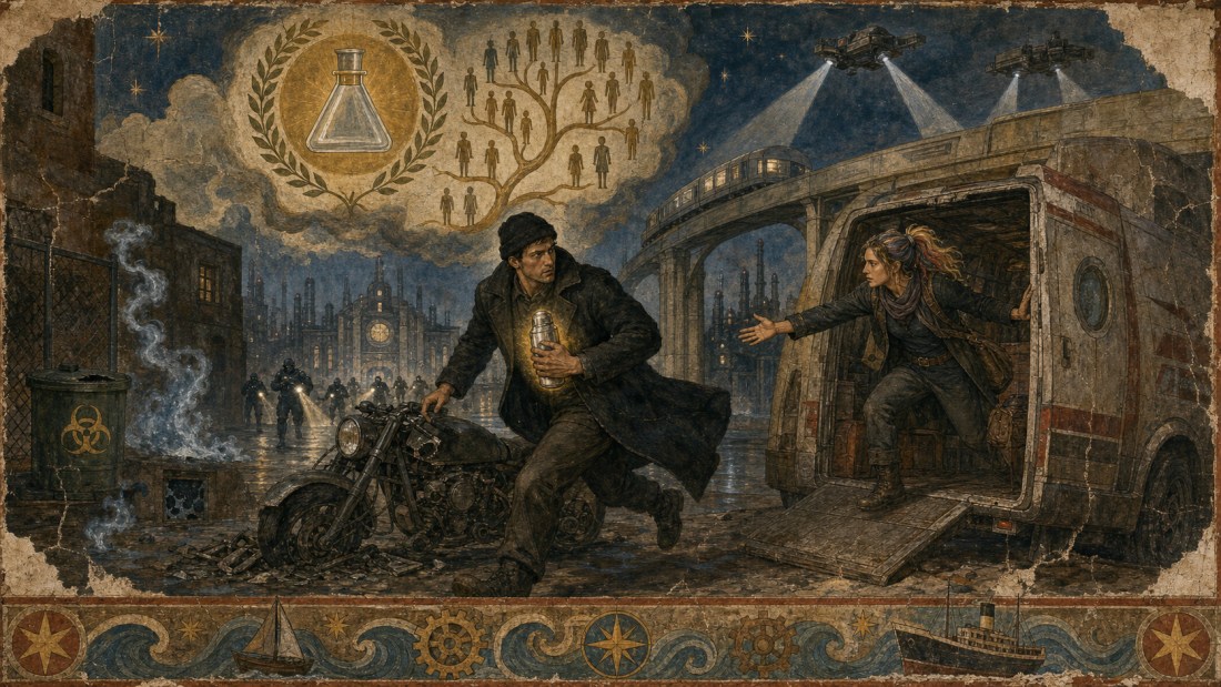 Painting of a man clutching a glowing flask fleeing toward a woman in a van, drones and a family tree in the sky