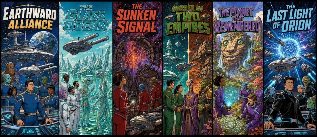 Six pulp-style story covers: Earthward Alliance, The Glass Ocean, The Sunken Signal, Border of Two Empires and more