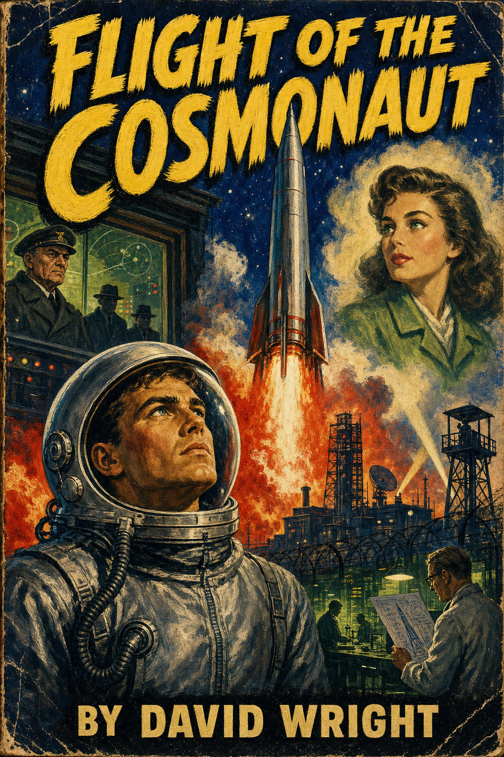 Pulp cover "Flight of the Cosmonaut by David Wright": a cosmonaut in a helmet, a rocket launch and a woman's face