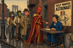 Cartoon of a cat, a lizard, a pig and a red alien lining up at a sign-up desk under a "Help Wanted: Astronaut" poster