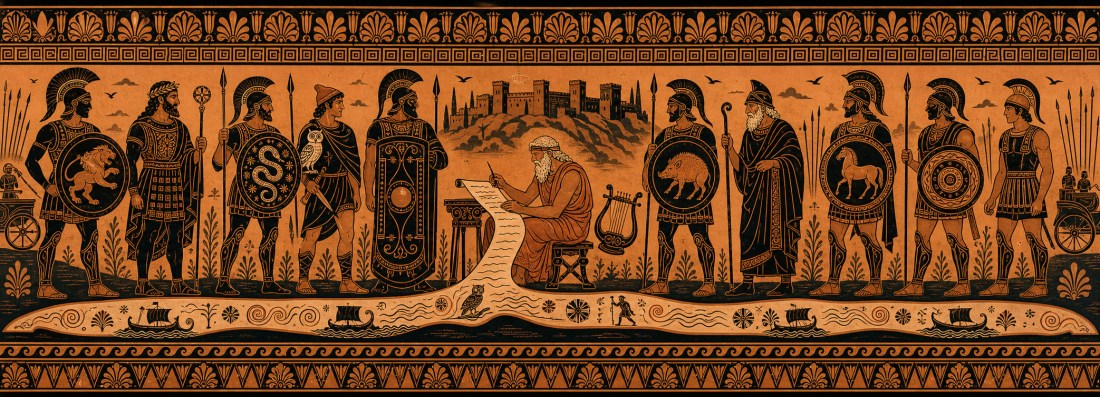 Greek black-figure vase-style frieze of warriors with shields flanking a seated scribe writing a scroll