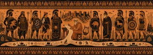 Greek black-figure vase-style frieze of warriors with shields flanking a seated scribe writing a scroll