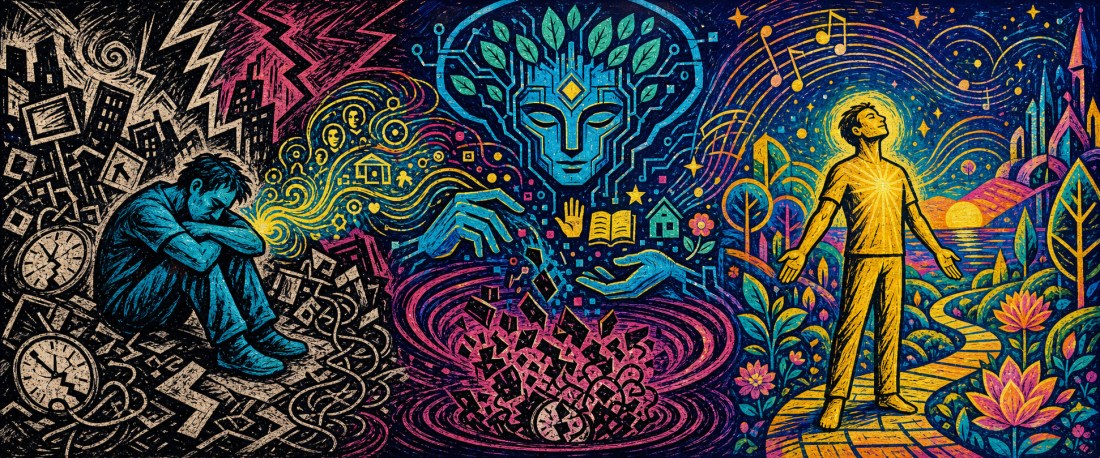 Psychedelic triptych: a man huddled amid clocks and chaos, a serene leafy face, then a figure rising joyfully on a path