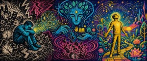 Psychedelic triptych: a man huddled amid clocks and chaos, a serene leafy face, then a figure rising joyfully on a path