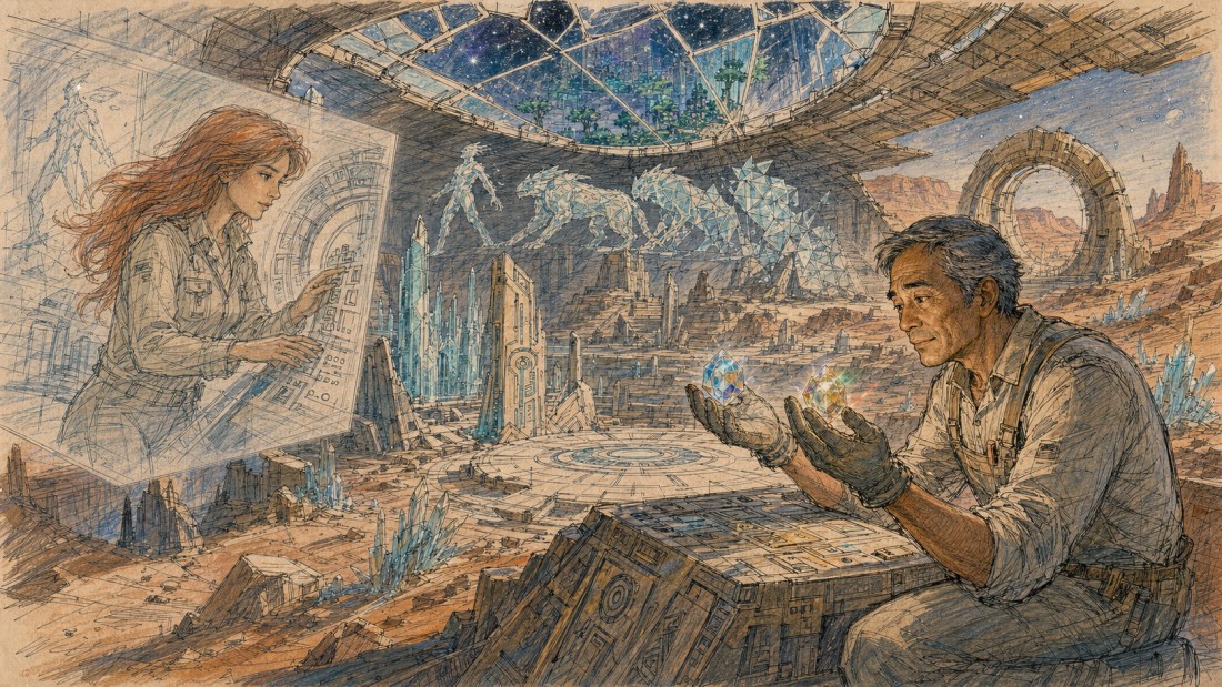 Sketch of an older man conjuring blue light beside a hologram of a woman, in a ruined desert under a glass dome