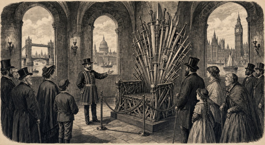 Victorian engraving of a Beefeater showing visitors an iron throne of swords, Tower Bridge and Big Ben through windows