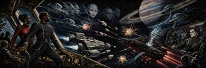 Officers on a starship bridge watch a space battle between ships near a ringed planet, as alien faces loom in the stars