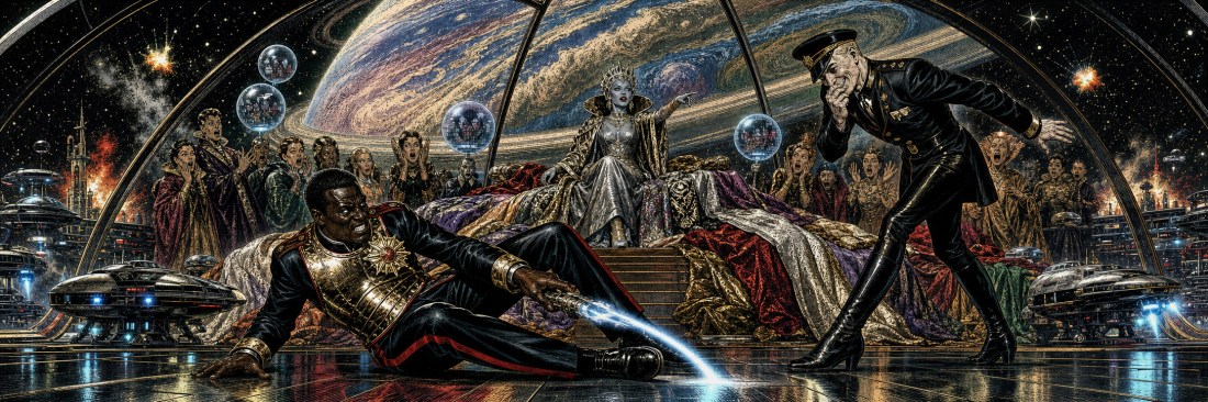 Ornate space-opera scene under a starry dome: a fallen soldier, an officer and a crowd before a throne