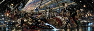 Ornate space-opera scene under a starry dome: a fallen soldier, an officer and a crowd before a throne