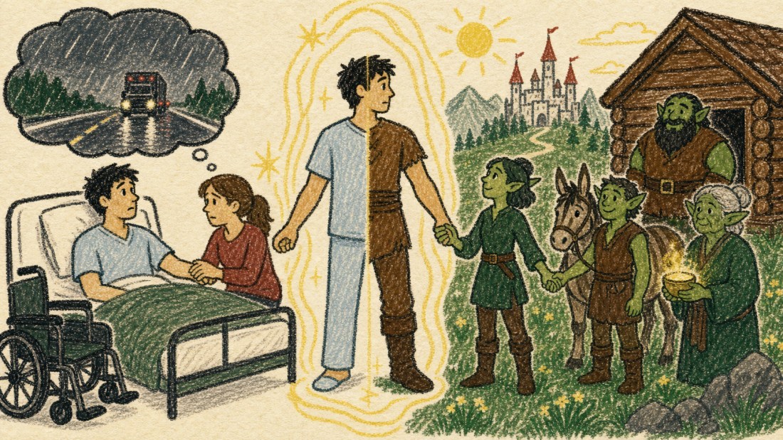 Drawing of a boy in a hospital bed, then half-split between pajamas and tunic, led by goblins toward a fantasy castle