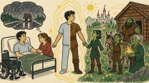 Drawing of a boy in a hospital bed, then half-split between pajamas and tunic, led by goblins toward a fantasy castle