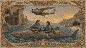 Painting of a couple riding a shark-shaped submarine car towed by a vintage plane along a sunlit rocky coast