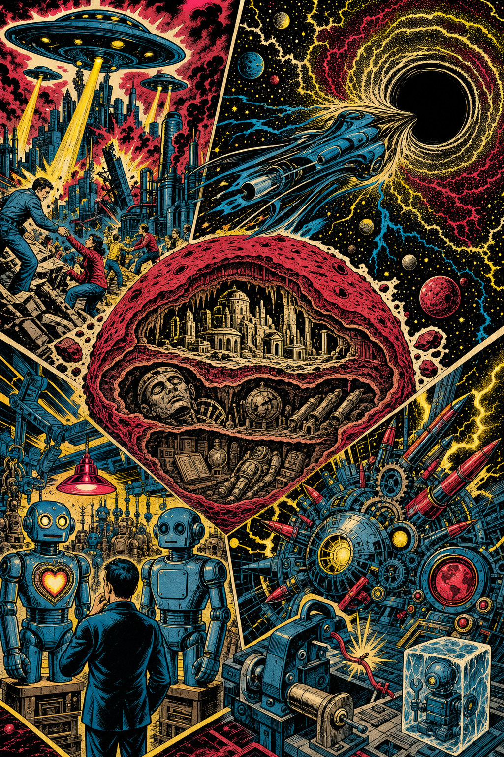 Retro comic collage: flying saucers, a black hole, a city inside a giant mouth, robots and a man at a control panel