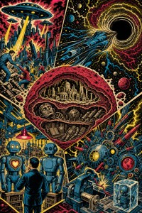 Retro comic collage: flying saucers, a black hole, a city inside a giant mouth, robots and a man at a control panel