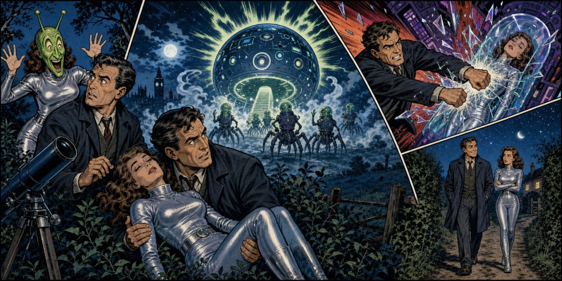 Comic-panel art: men rescue women in silver suits from a green alien, as a saucer and spider robots attack at night
