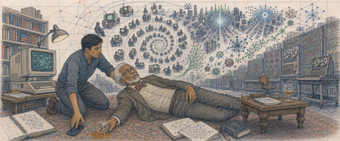 Sketch of a young man kneeling by a fallen old man in a library, a spiral of computers and networks above