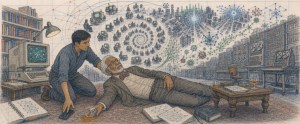 Sketch of a young man kneeling by a fallen old man in a library, a spiral of computers and networks above