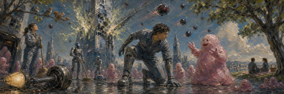 Painting of a young man in armor crouching in a flooded city street beside pink blob creatures, debris falling