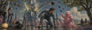 Painting of a young man in armor crouching in a flooded city street beside pink blob creatures, debris falling