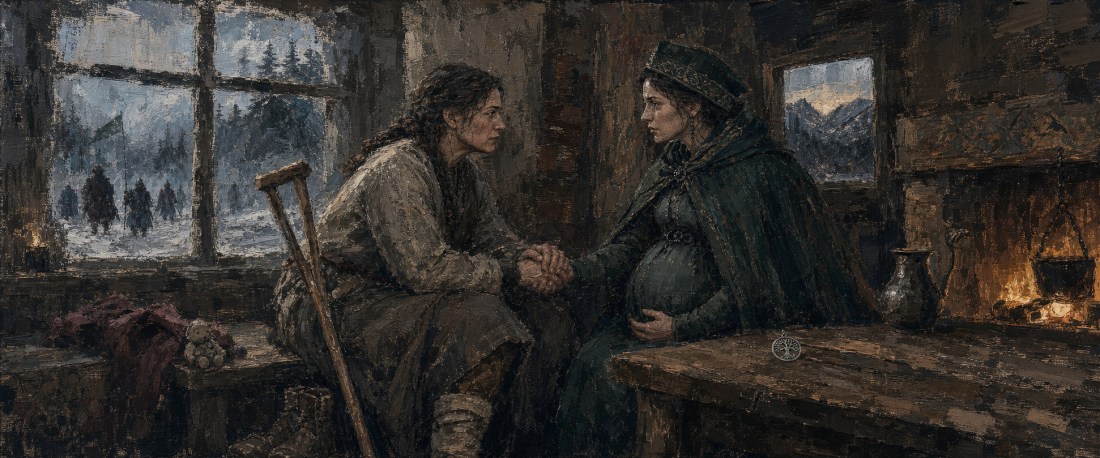 Two women clasp hands by a fire in a log cabin, one pregnant, a crutch nearby and figures in the snow outside